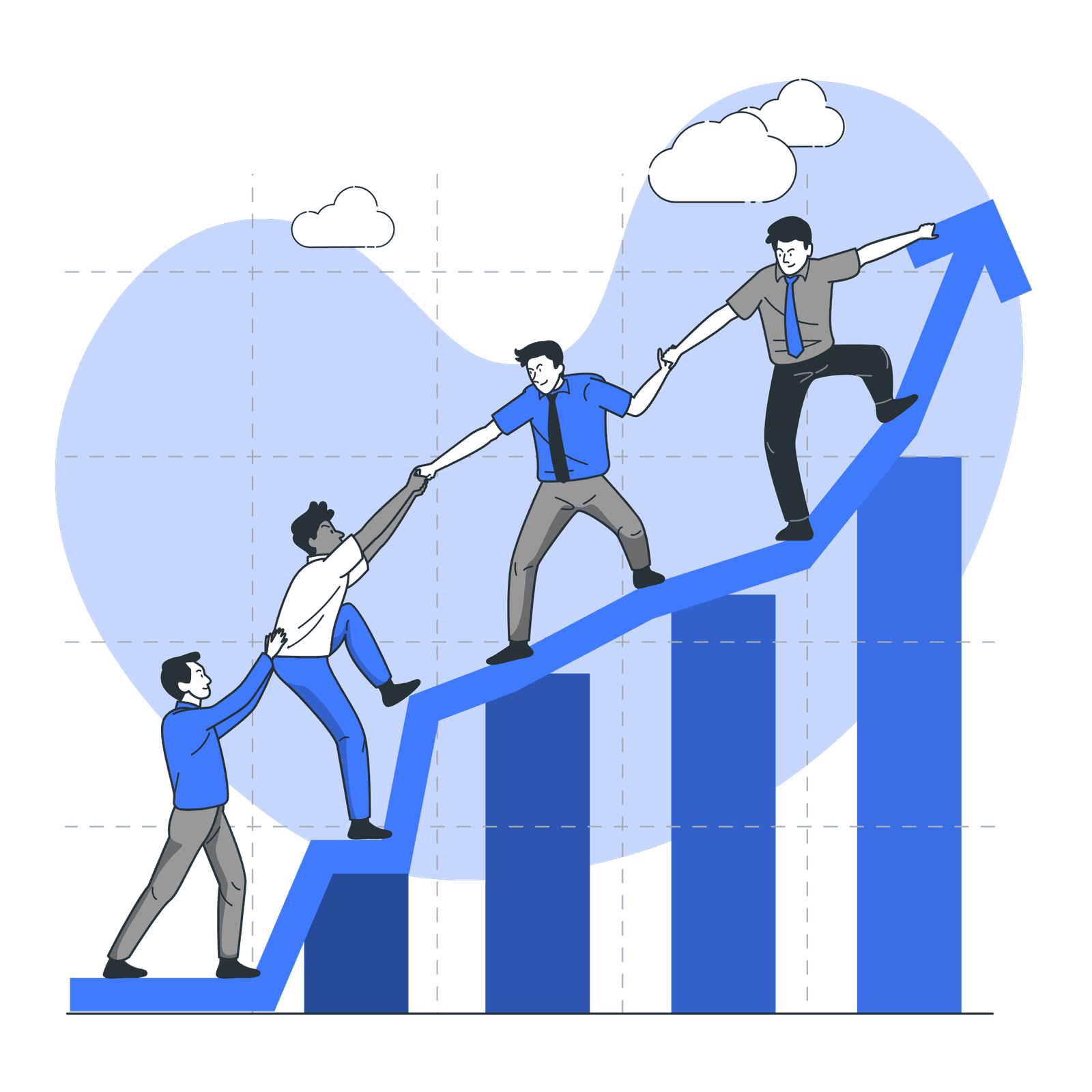 An illustration of a team helping each other climb a rising blue growth arrow on a bar graph, representing business scaling and teamwork.