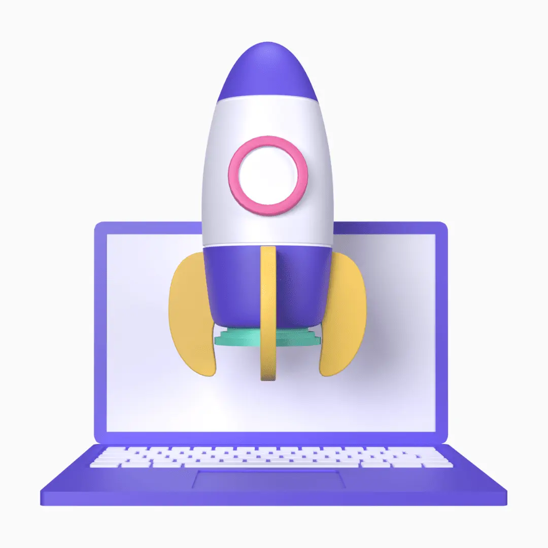 3D illustration of a colorful rocket ship launching from a laptop screen, representing the launch phase of a digital marketing campaign.