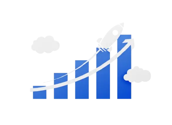 Rocket ship launching over a rising bar chart, symbolizing the mission to scale and grow businesses