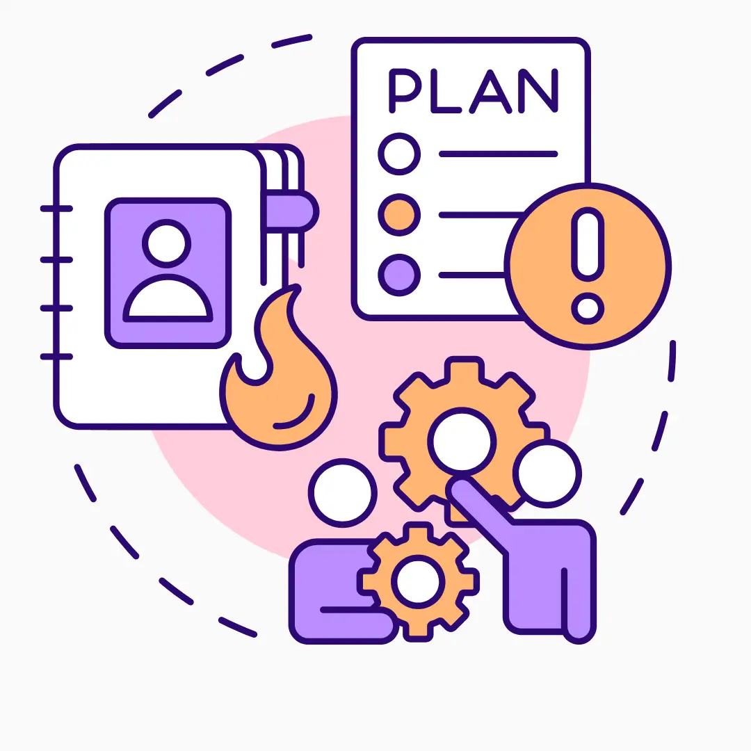 Icon for the digital marketing planning stage showing a checklist, a contact notebook, and team members working with gears to represent strategy development.
