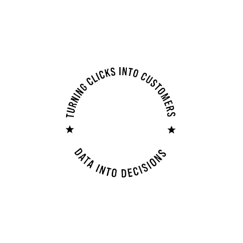 Circular brand badge with the phrases 'Turning Clicks into Customers' and 'Data into Decisions' separated by stars.