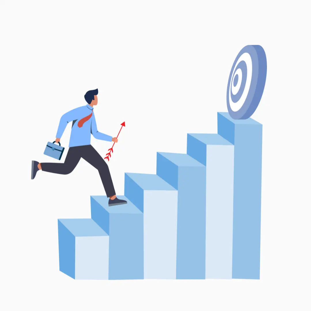 A businessman carrying a briefcase and a red arrow, running up a blue bar graph toward a target, symbolizing the final scale and success phase of a marketing project.