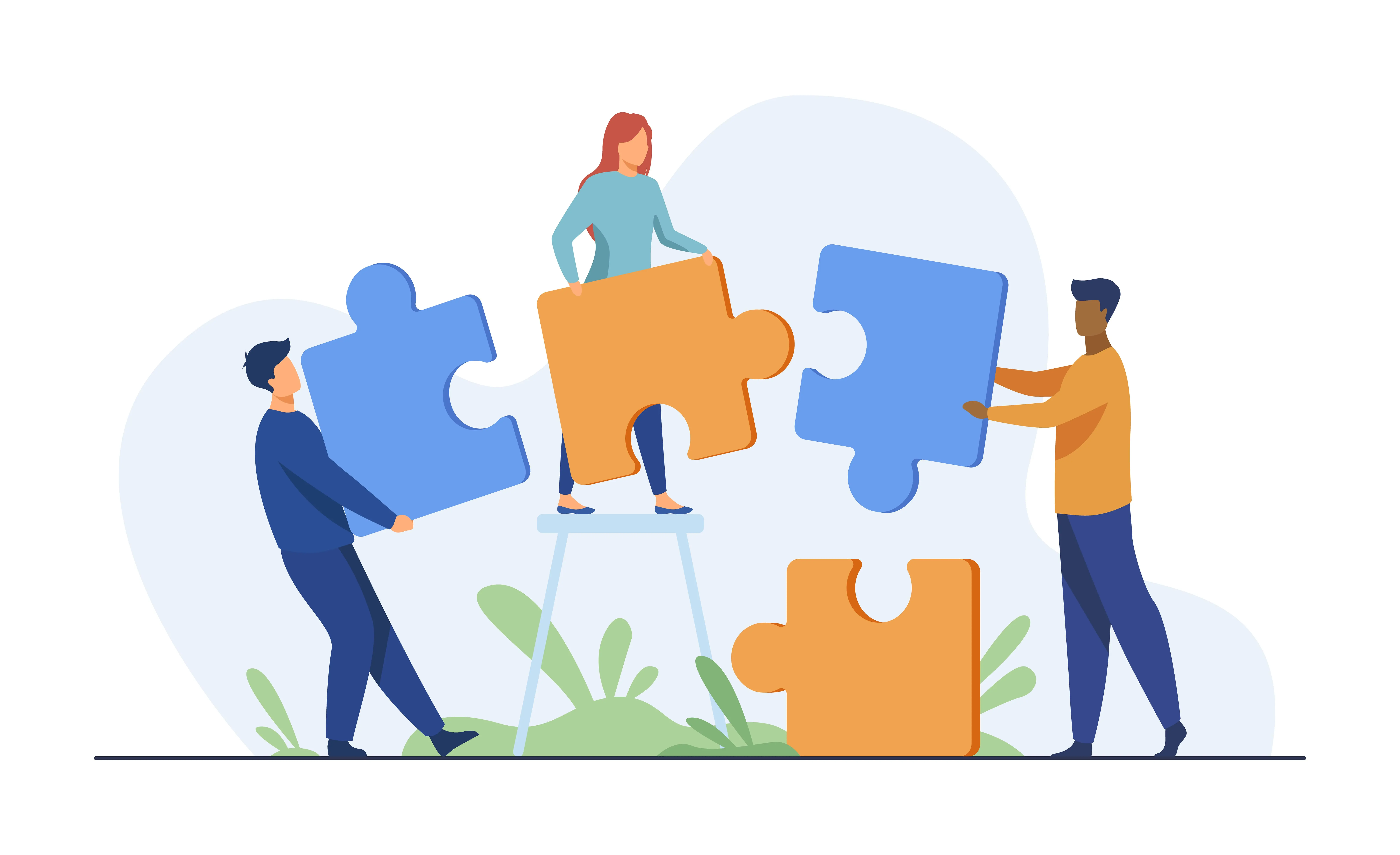 Flat vector illustration of a diverse team assembling large blue and orange puzzle pieces to symbolize problem-solving and shared mission goals.